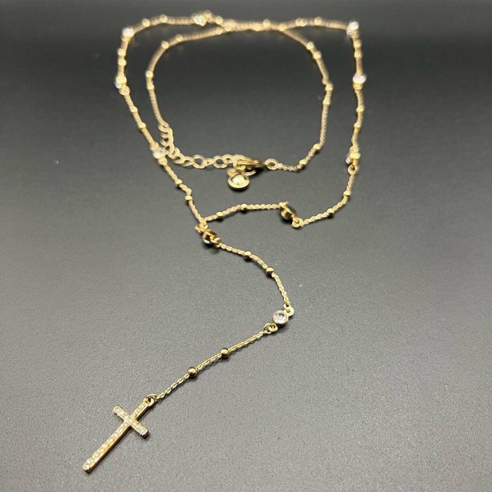 C1946 Gold Tone and Rhinestone Rosary Style Necklace